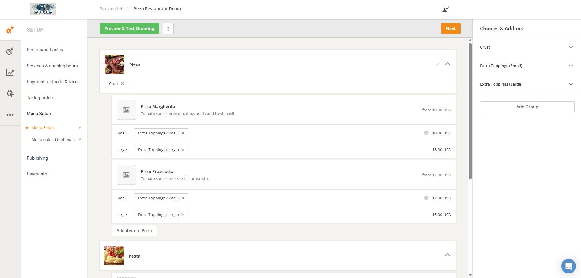 Online restaurant menu builder