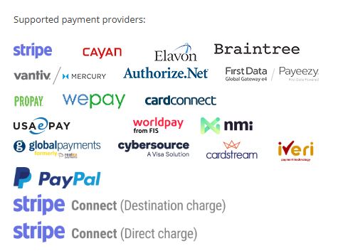 Supported Payment Processors including Stripe, PayPal, Braintree, Authorize.Net and more